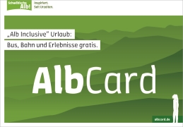 Logo AlbCard wit text: Alb inclusive Holidays: free bus, train and adventures